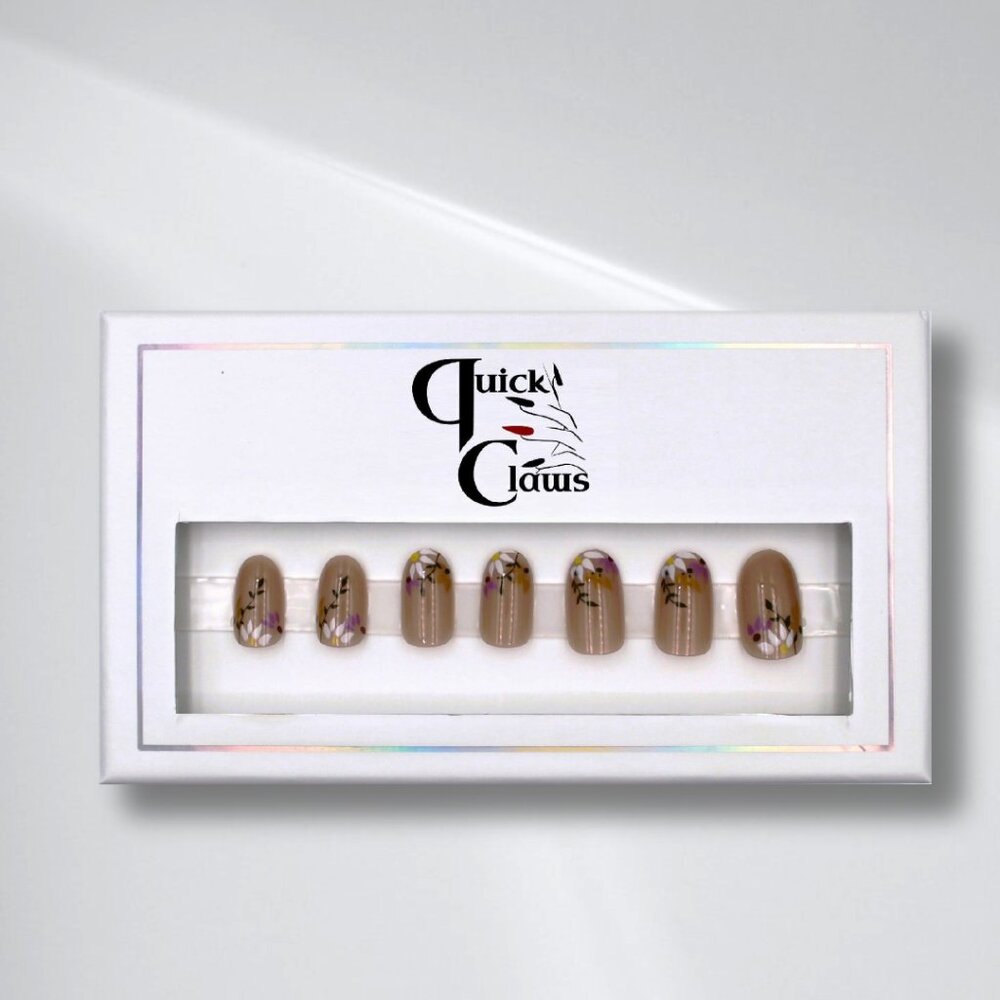 Short Almond-Shaped Press-On Nails with Tan Base & Delicate Flower Designs